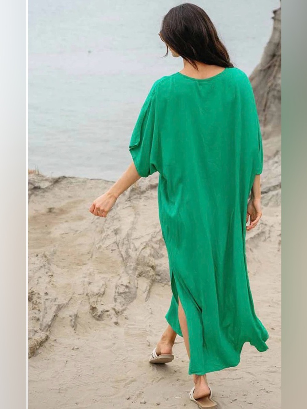0298. Green V-Neck Ruched Kaftan - Picture 3 of 3